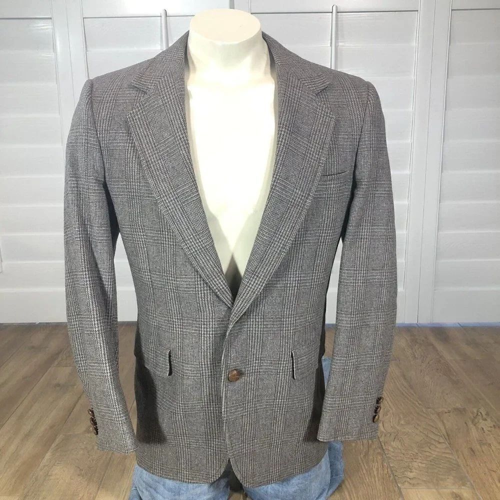 Vtg John Weitz Men's L Plaid Wool 2 Button Blazer Jacket Sport Coat Brown Tan